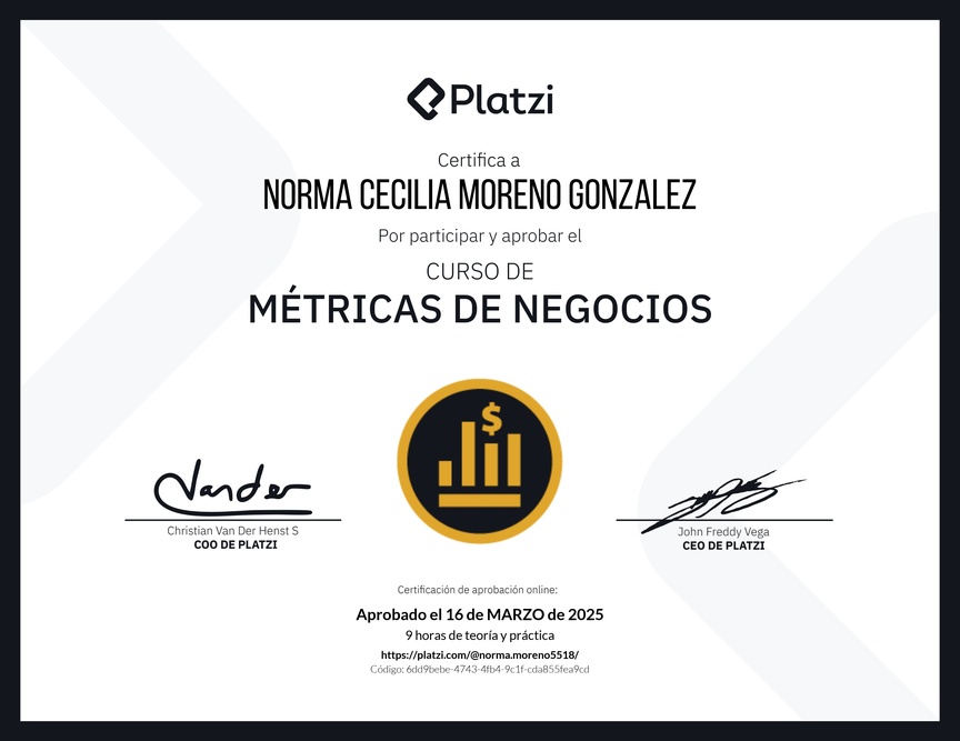 Diploma del Curso de Métricas Esenciales de Negocio