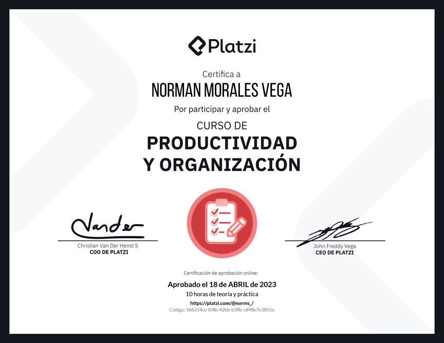 Diploma del Curso de Productividad y Organización