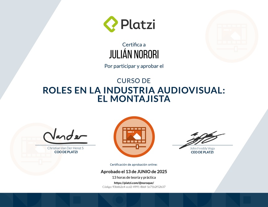 Diploma del Curso de Edición: Teoría de Montaje