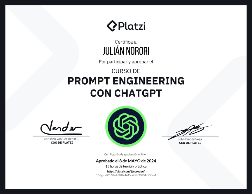 Diploma del Curso de Prompt Engineering con ChatGPT