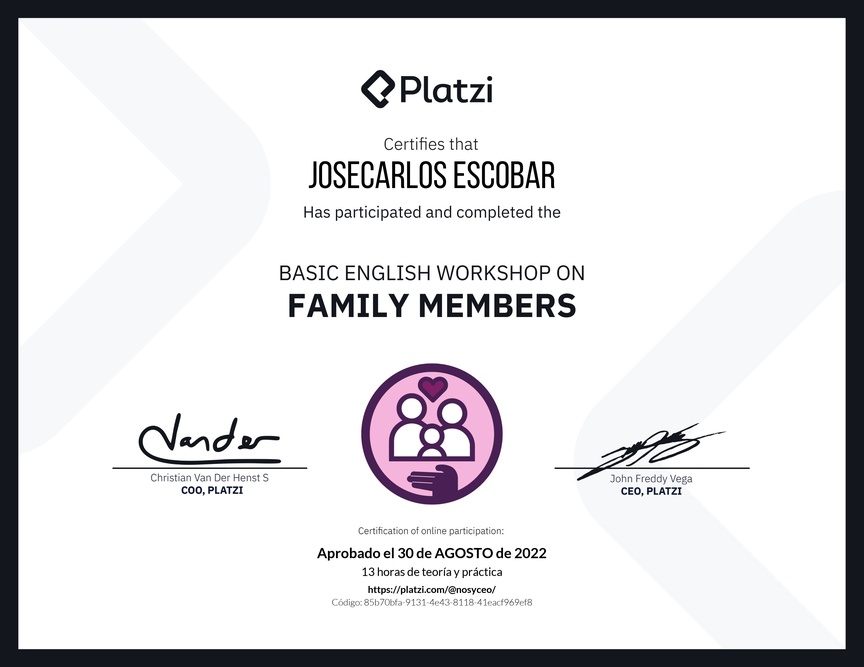 Diploma del Curso de Inglés Práctico sobre los Miembros de la Familia