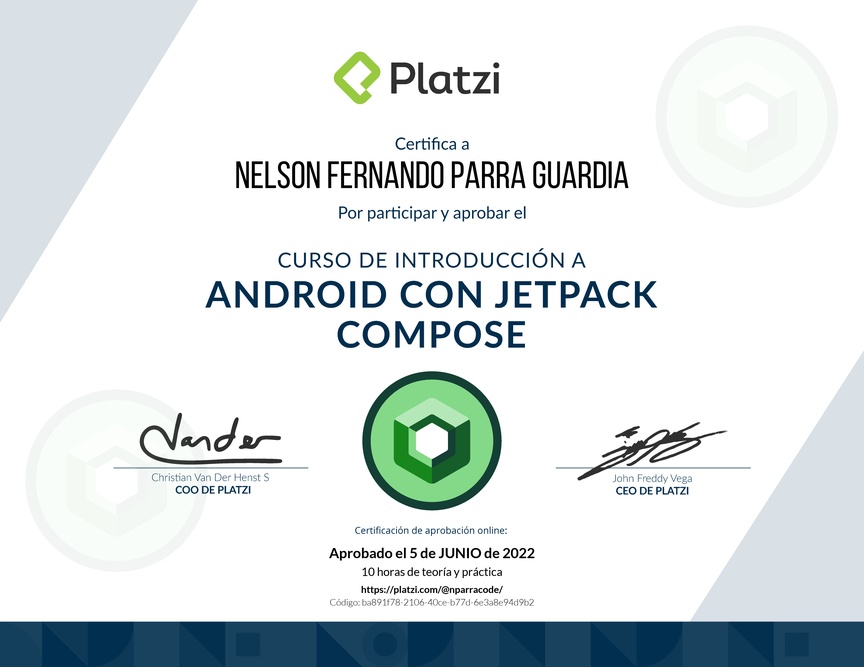 Diploma del Curso de Introducción a Android con Jetpack Compose - 2021