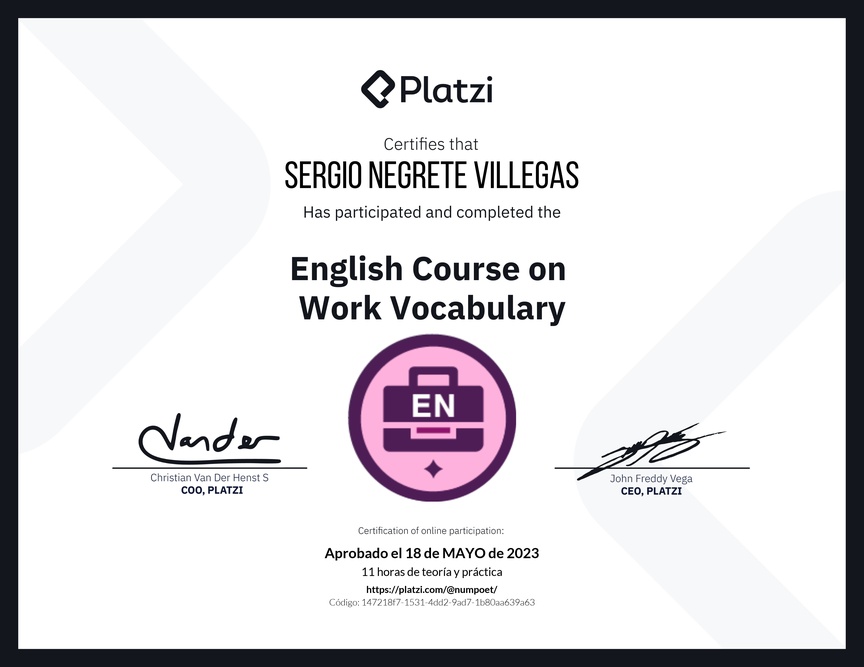 Diploma del Curso de Vocabulario en Inglés para el Trabajo