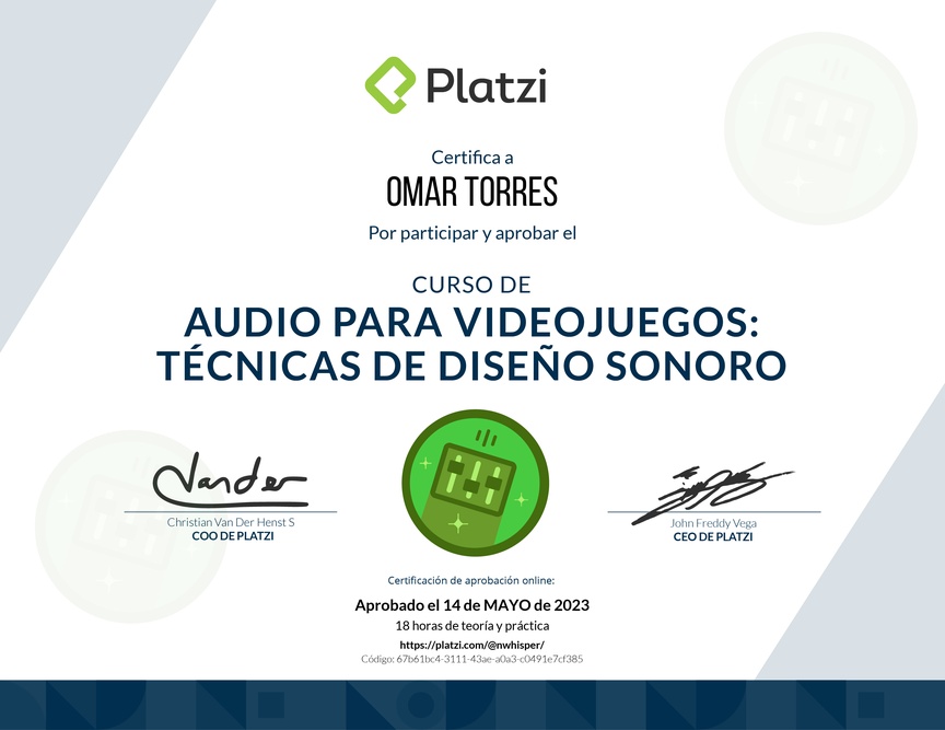 Diploma del Curso de Audio para Videojuegos: Técnicas de Diseño Sonoro