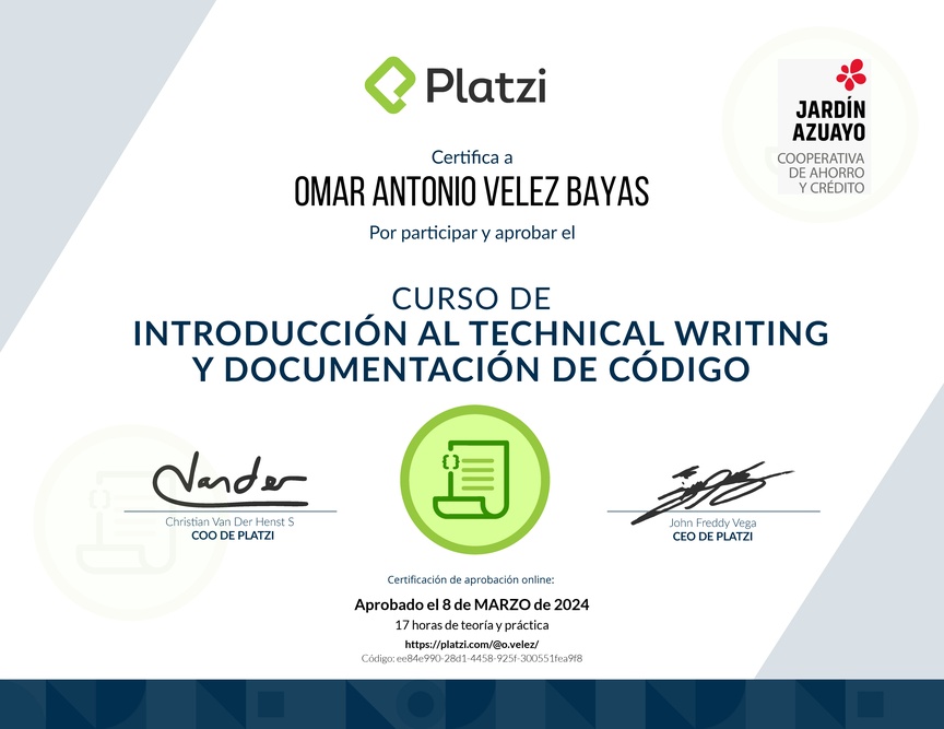 Diploma del Curso de Introducción al Technical Writing y Documentación de Código