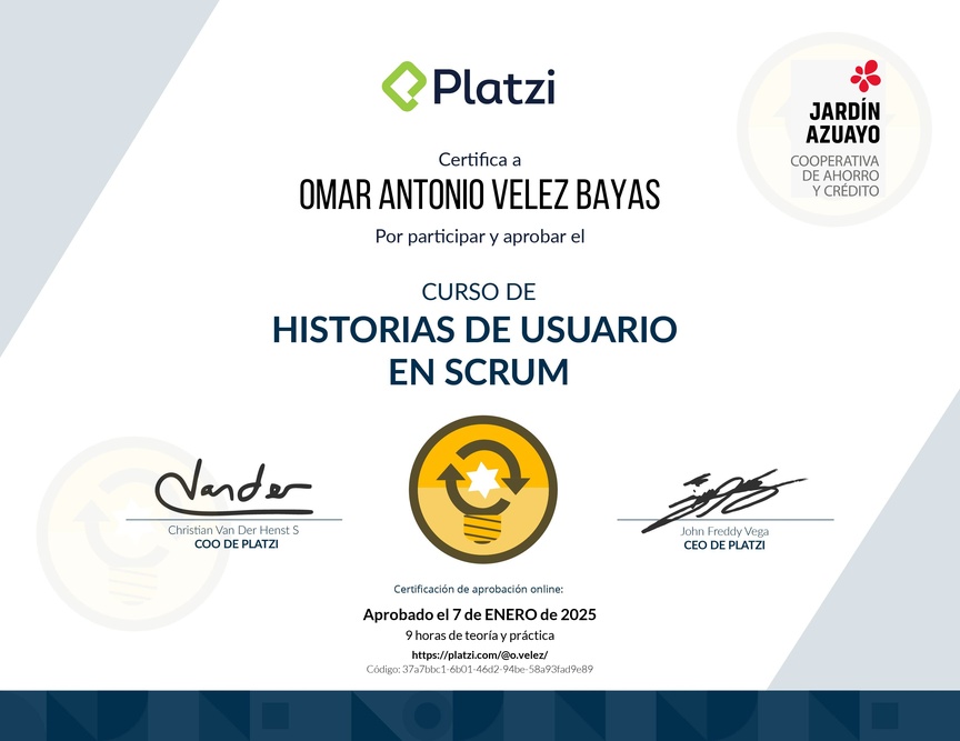 Diploma del Curso de Historias de Usuario en Scrum