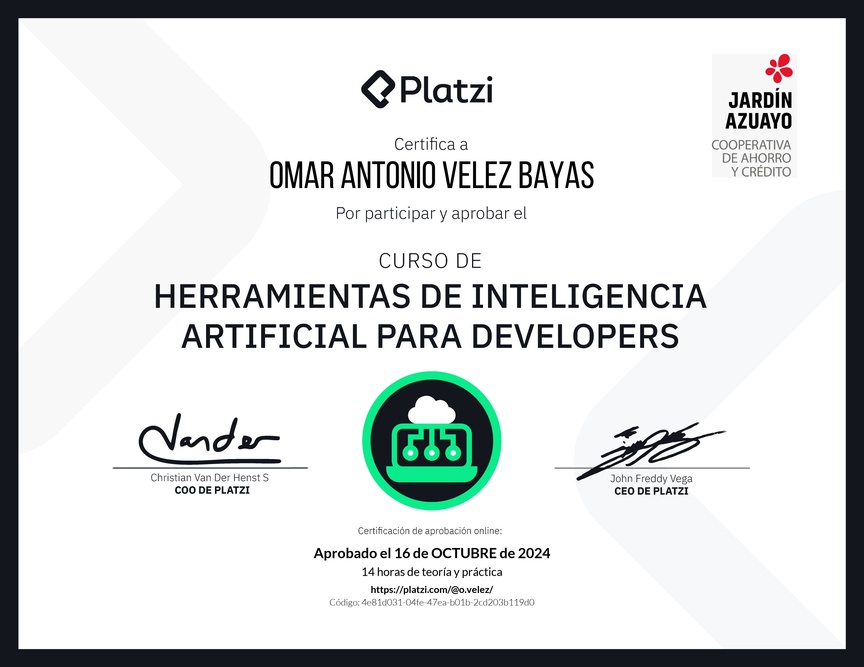 Diploma del Curso de Herramientas de Inteligencia Artificial para Developers (2023)