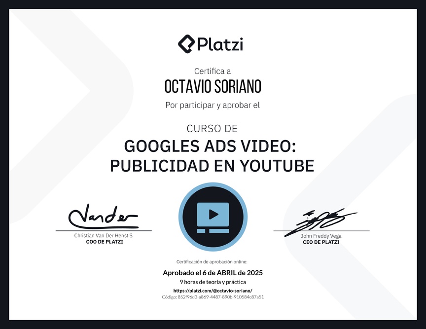 Diploma del Curso de Google Video Ads: Publicidad en Youtube