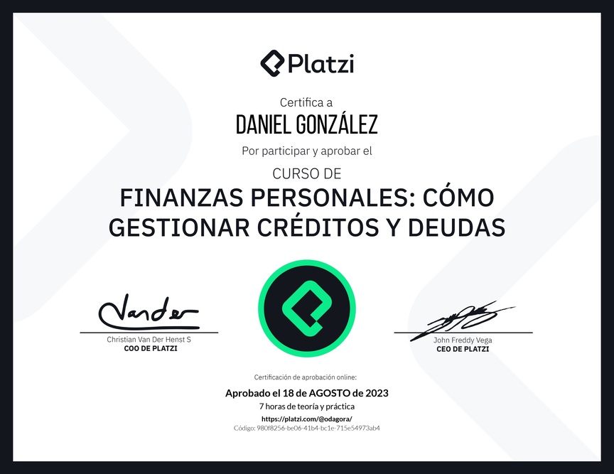 Diploma del Curso de Finanzas Personales: Cómo Gestionar Créditos y Deudas