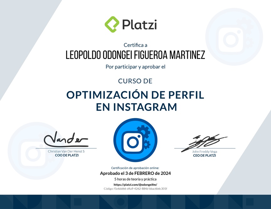 Diploma del Curso de Optimización de Perfil en Instagram