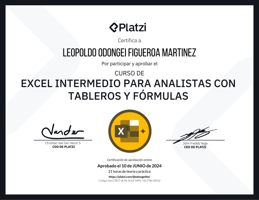 Diploma del Curso de Excel Intermedio para Analistas con Tableros y Fórmulas