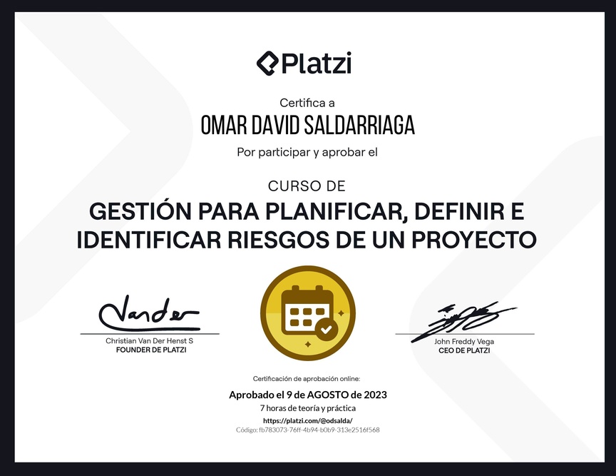 Diploma del Curso de Gestión para Planificar, Definir e Identificar Riesgos de un Proyecto