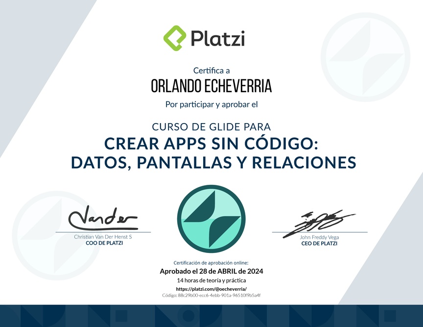 Diploma del Curso de Glide para Crear Apps Sin Código: Datos, Pantallas y Relaciones
