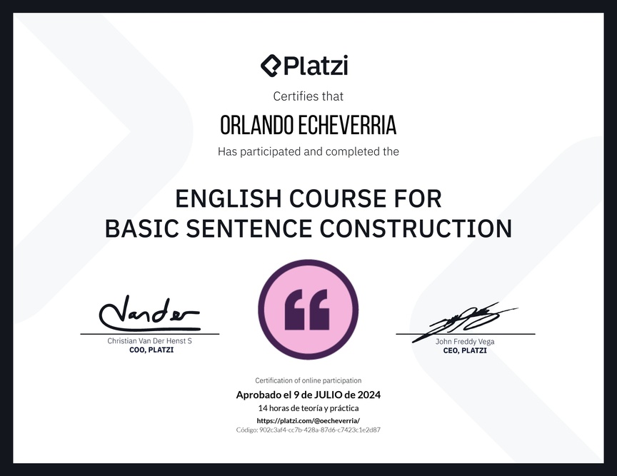 Diploma del Curso de Construcción de Oraciones en Inglés
