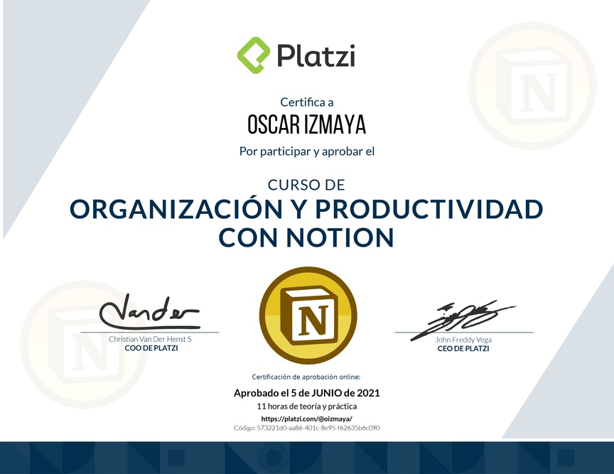 Diploma del Curso de Organización y Productividad con Notion (2021)