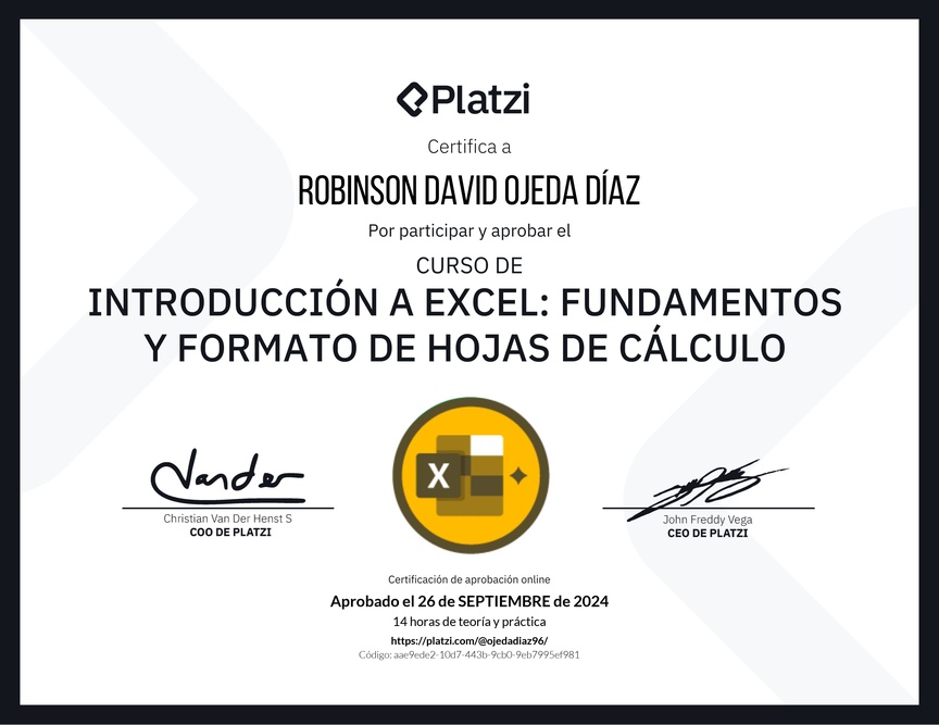 Diploma del Curso de Introducción a Excel para Principiantes: Fundamentos y Formato de Hojas de Cálculo
