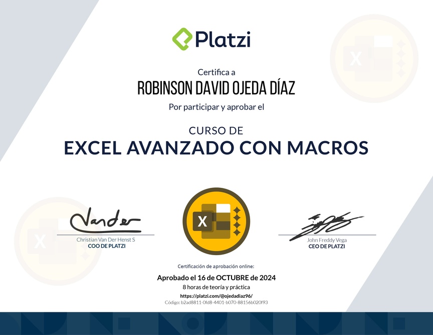 Diploma del Curso de Excel Avanzado con Macros