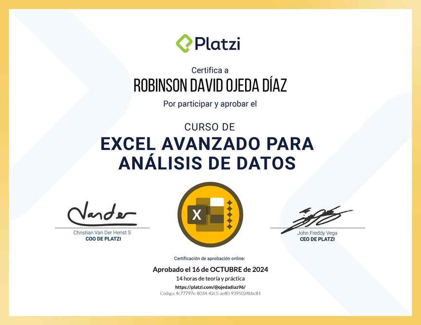 Diploma del Curso de Excel Avanzado para Análisis de Datos