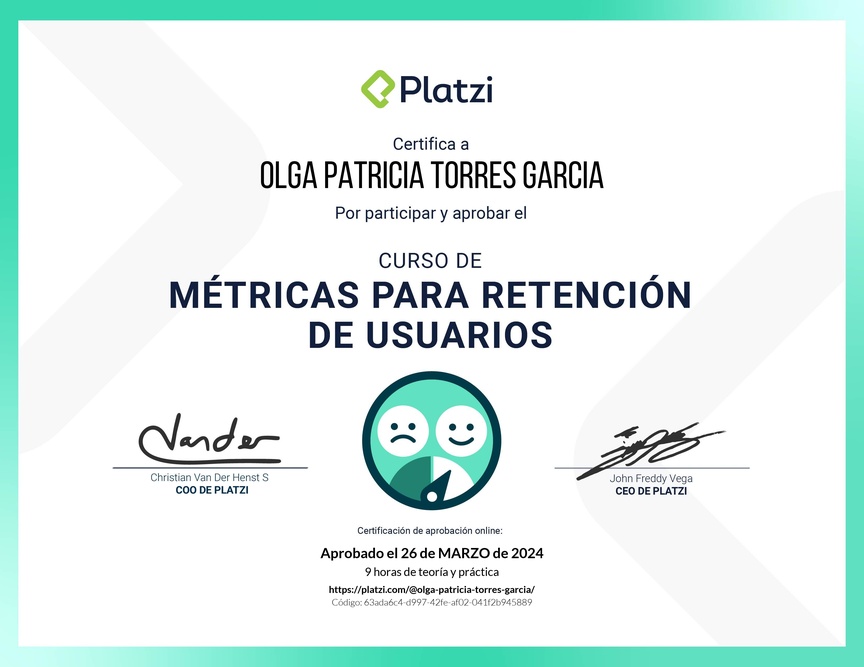 Diploma del Curso de Fundamentos de Métricas para Retención de Usuarios