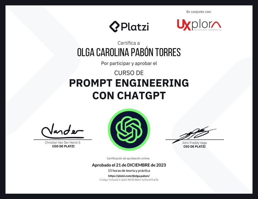 Diploma del Curso de Prompt Engineering con ChatGPT