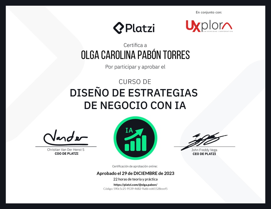 Diploma del Curso de Diseño de Estrategias de Negocio con Inteligencia Artificial: Optimización y Personalización