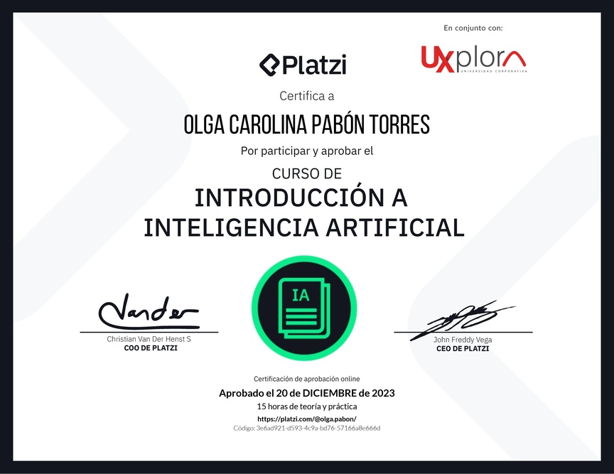 Diploma del Curso de Introducción a Inteligencia Artificial (2023)