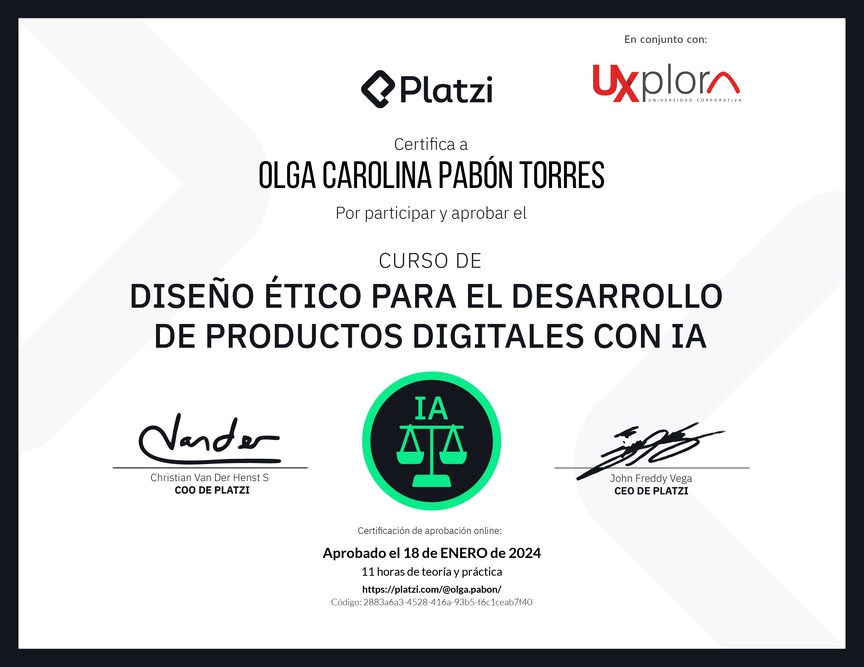 Diploma del Curso de Diseño Ético para el Desarrollo de Productos Digitales con IA