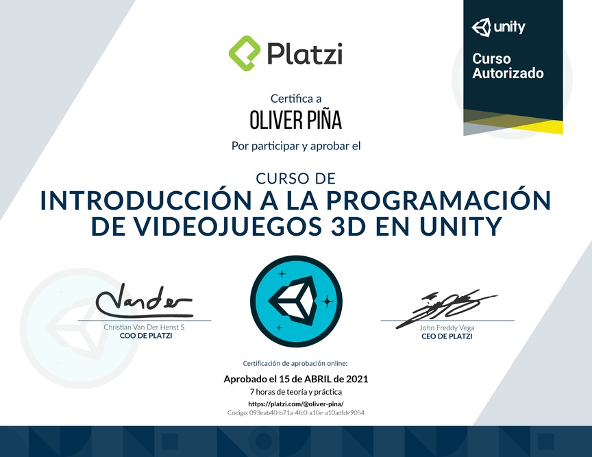 Diploma del Curso de Introducción a la Programación de Videojuegos 3D con Unity