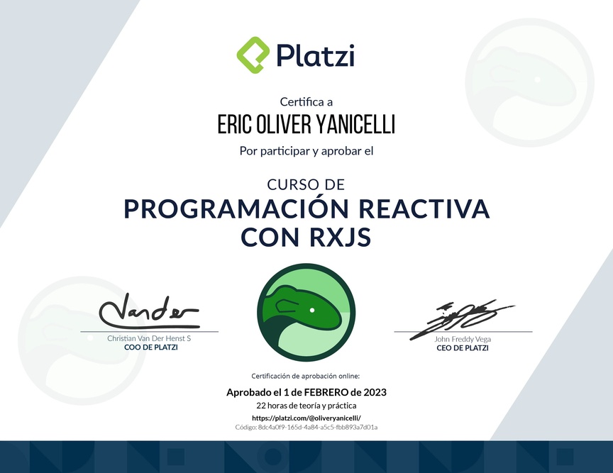 Diploma del Curso de Programación Reactiva con RxJS