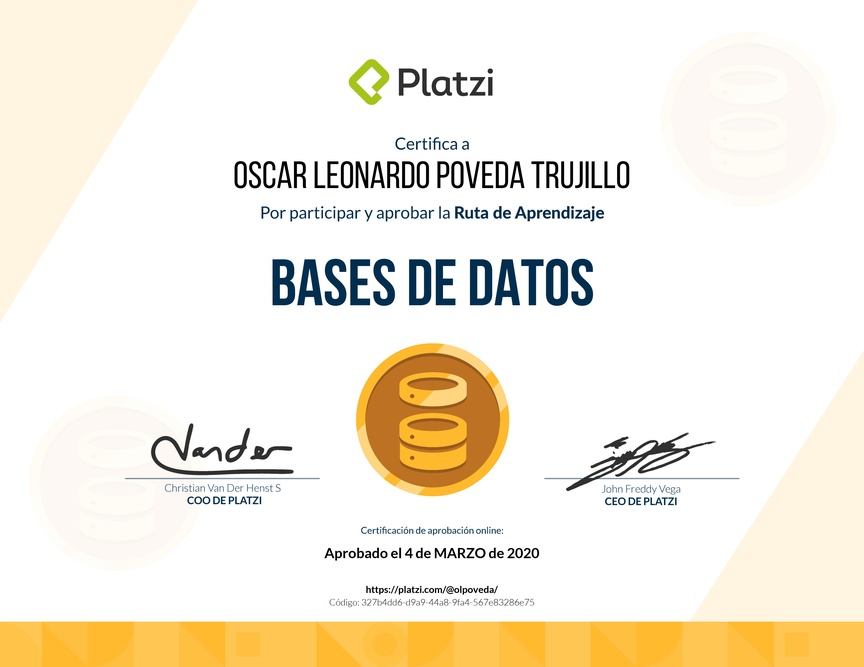 Diploma de la Ruta de Aprendizaje de Bases de datos desde cero