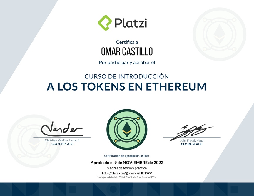 Diploma del Curso de Tokens en Ethereum: Fundamentos
