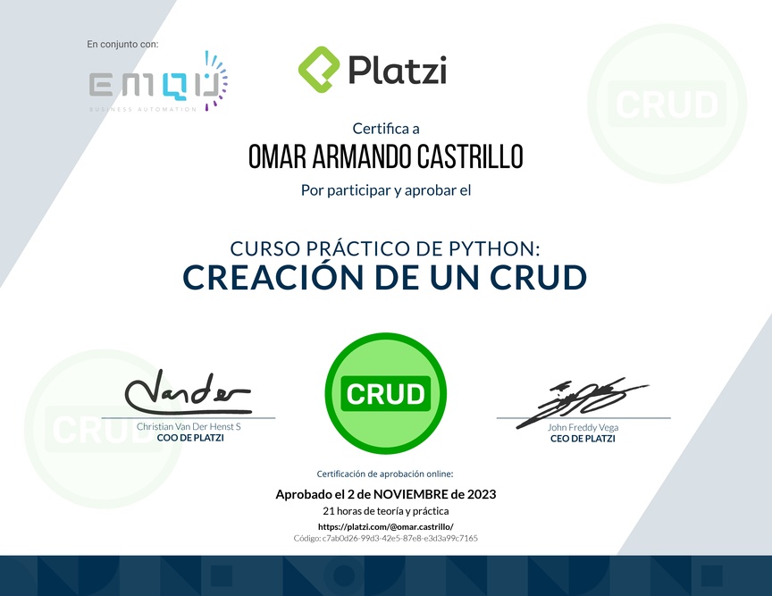 Diploma del Curso Práctico de Python: Creación de un CRUD