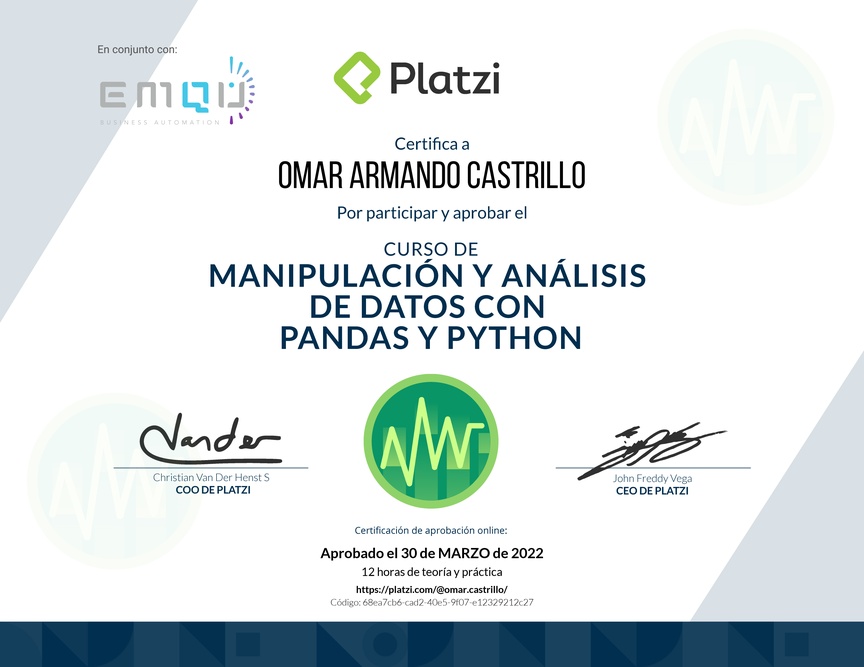 Diploma del Curso de Manipulación y Análisis de Datos con Pandas y Python