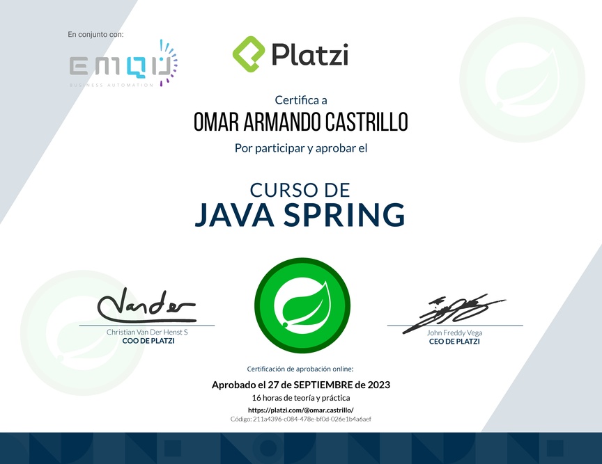 Diploma del Curso de Java Spring