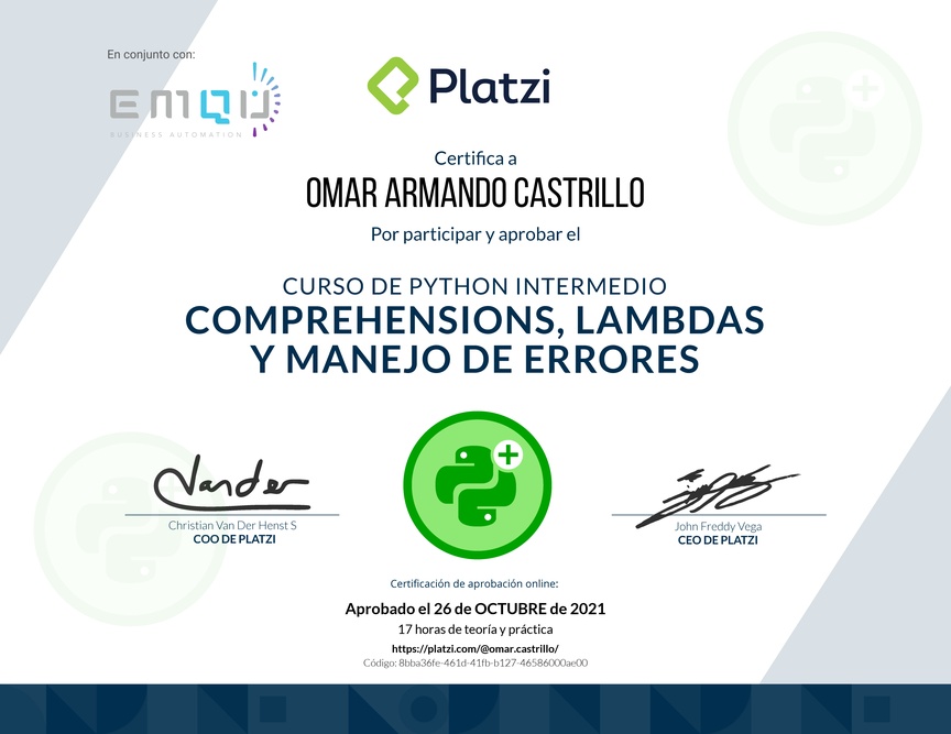 Diploma del Curso de Python Intermedio: Comprehensions, Lambdas y Manejo de Errores