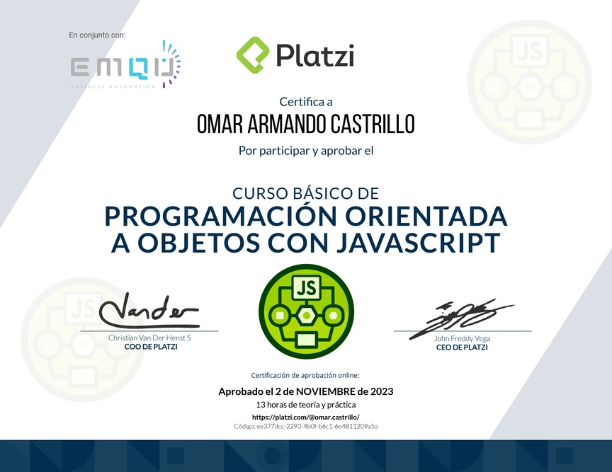 Diploma del Curso Básico de Programación Orientada a Objetos con JavaScript
