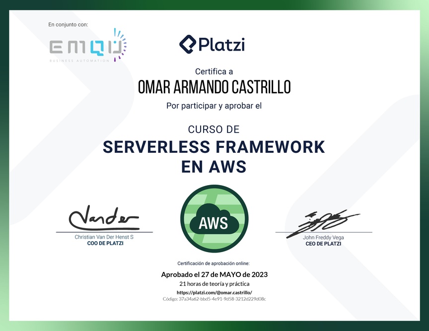 Diploma del Curso de  Serverless Framework en AWS