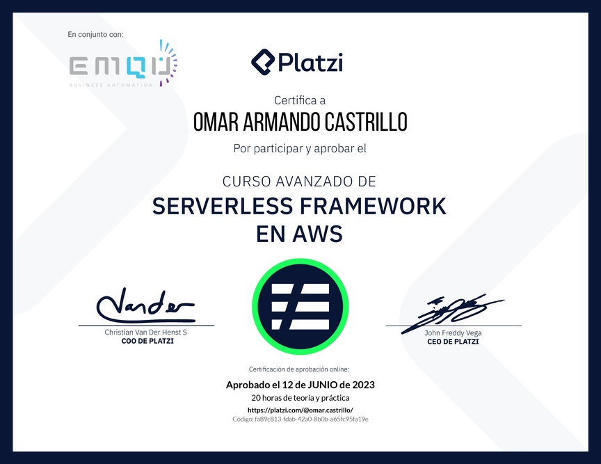 Diploma del Curso Avanzado de Serverless Framework en AWS