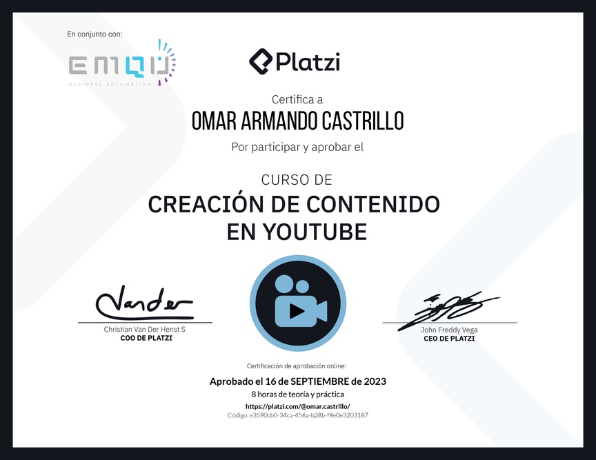 Diploma del Curso de Estrategia de Contenido en YouTube