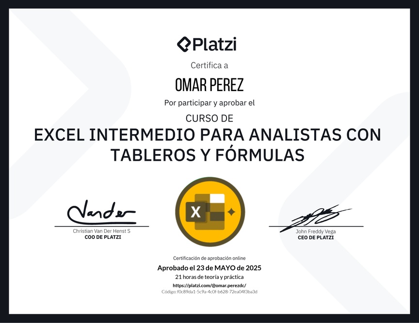 Diploma del Curso de Excel Intermedio para Analistas con Tableros y Fórmulas