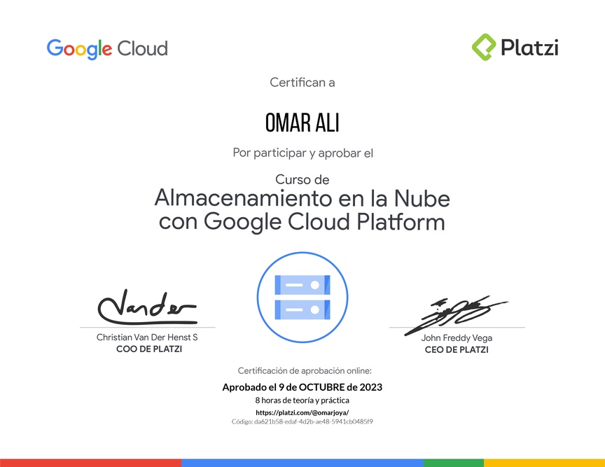 Diploma del Curso de Almacenamiento en la Nube con Google Cloud Platform