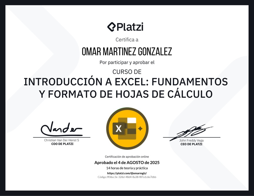 Diploma del Curso de Introducción a Excel para Principiantes: Fundamentos y Formato de Hojas de Cálculo
