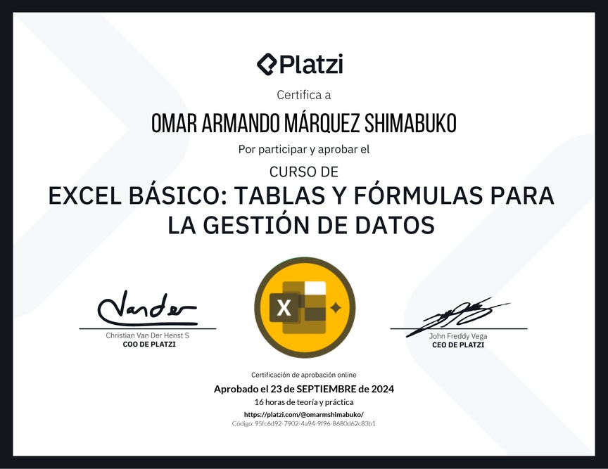 Diploma del Curso de Excel Básico: Tablas y Fórmulas para la Gestión de Datos