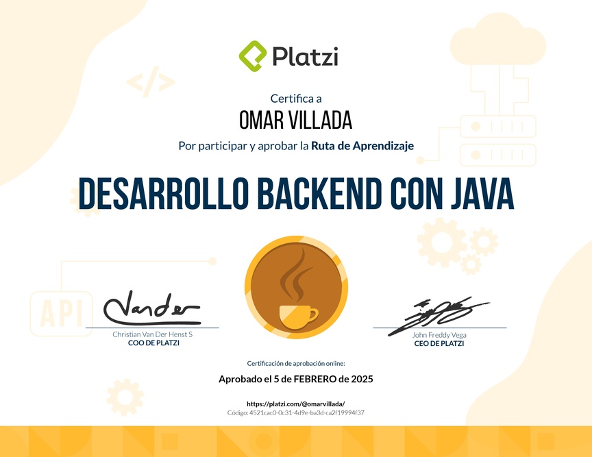 Diploma de la Ruta de Aprendizaje de Desarrollo Backend con Java