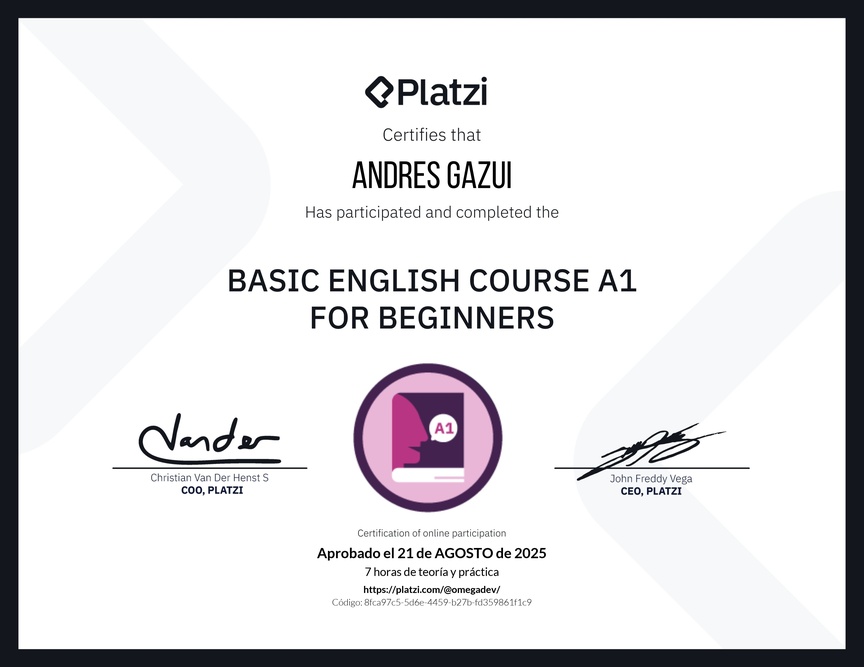Diploma del Curso de Inglés Básico A1 para Principiantes