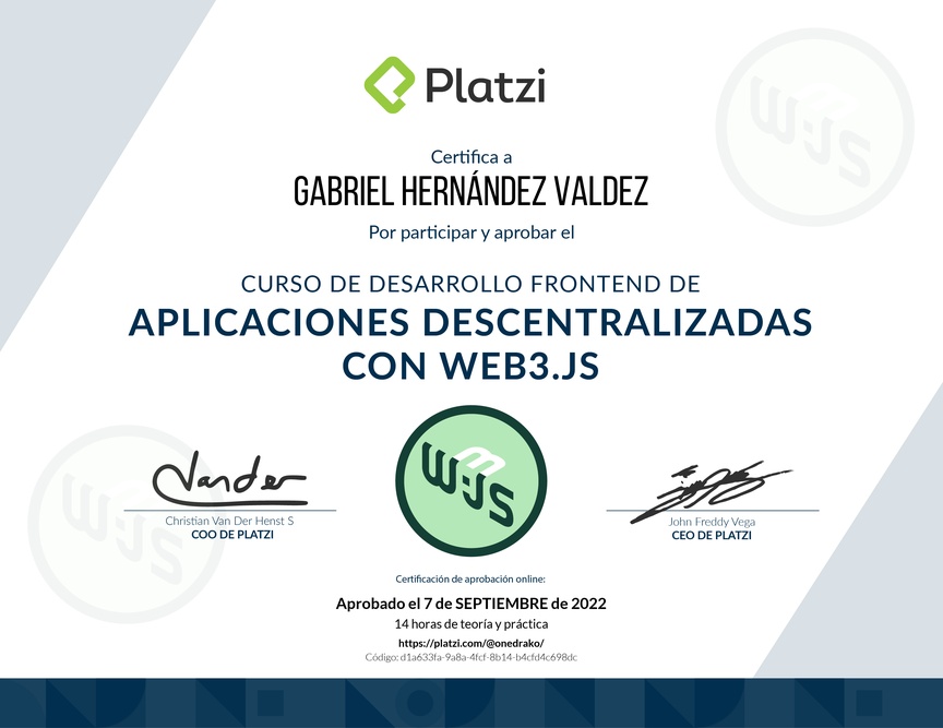 Diploma del Curso de Desarrollo Frontend de Aplicaciones Descentralizadas con Web3.Js