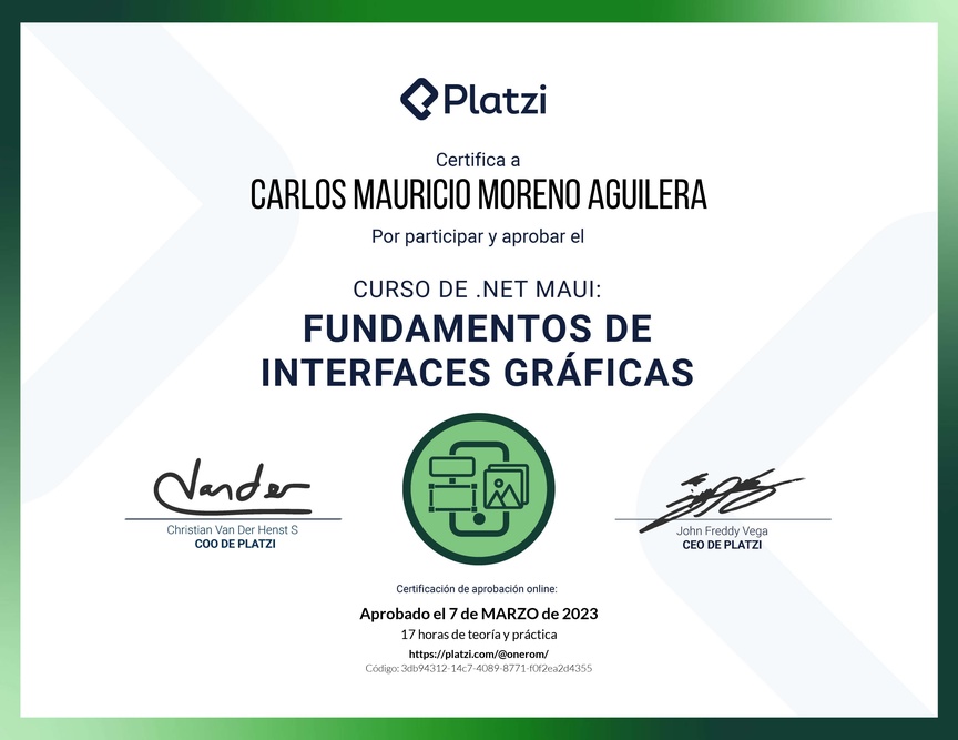 Diploma del Curso de .NET MAUI: Fundamentos de Interfaces Gráficas