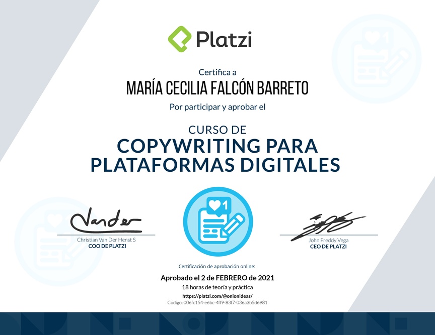 Diploma del Curso de Copywriting para Plataformas Digitales