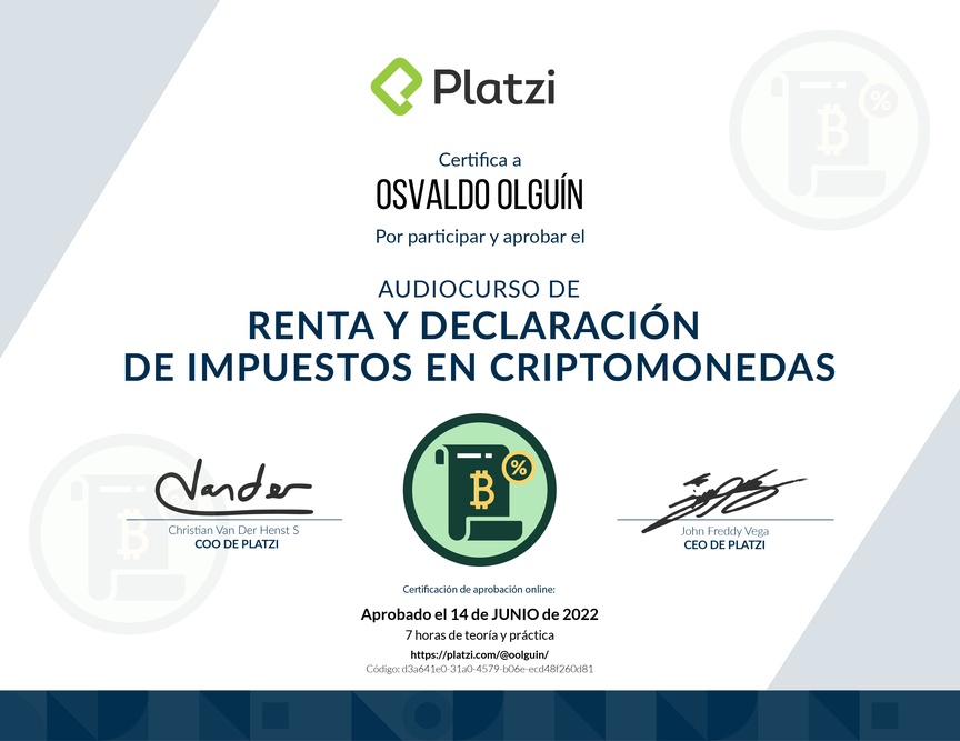 Diploma de Audiocurso de Renta y Declaración de Impuestos en Criptomonedas