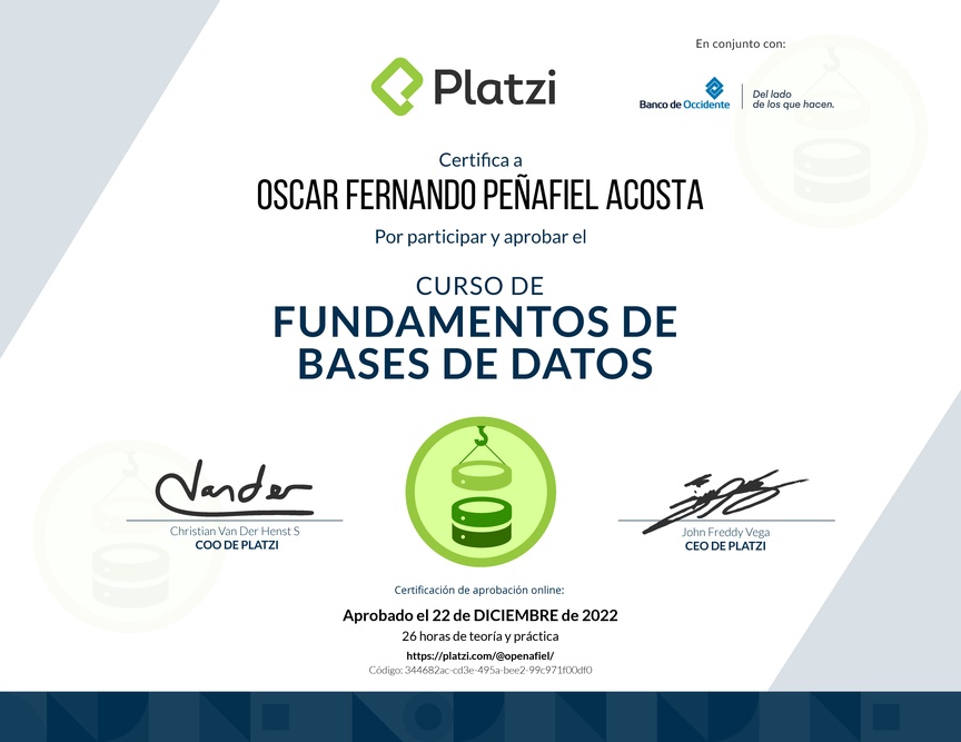 Diploma del Curso de Fundamentos de Bases de Datos 2019